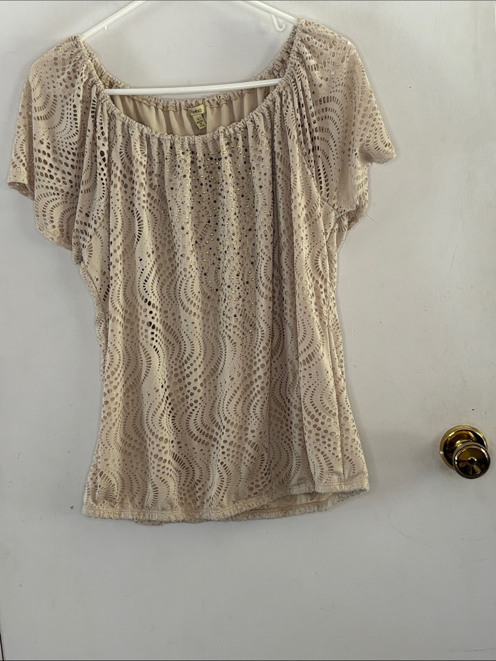 Reba beige holey short sleeve knit top gold metal studs Size Large